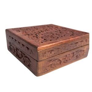 Carved Wood Jewelry Box Flower Carving 6" Square Hinged Made India Lined Vintage
